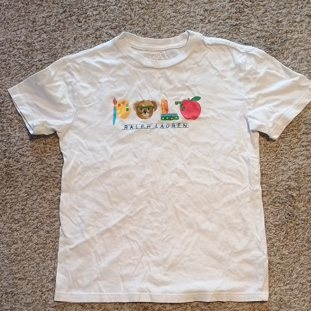 Ralph Lauren White Kids Graphic Tee with Colorful School Icons